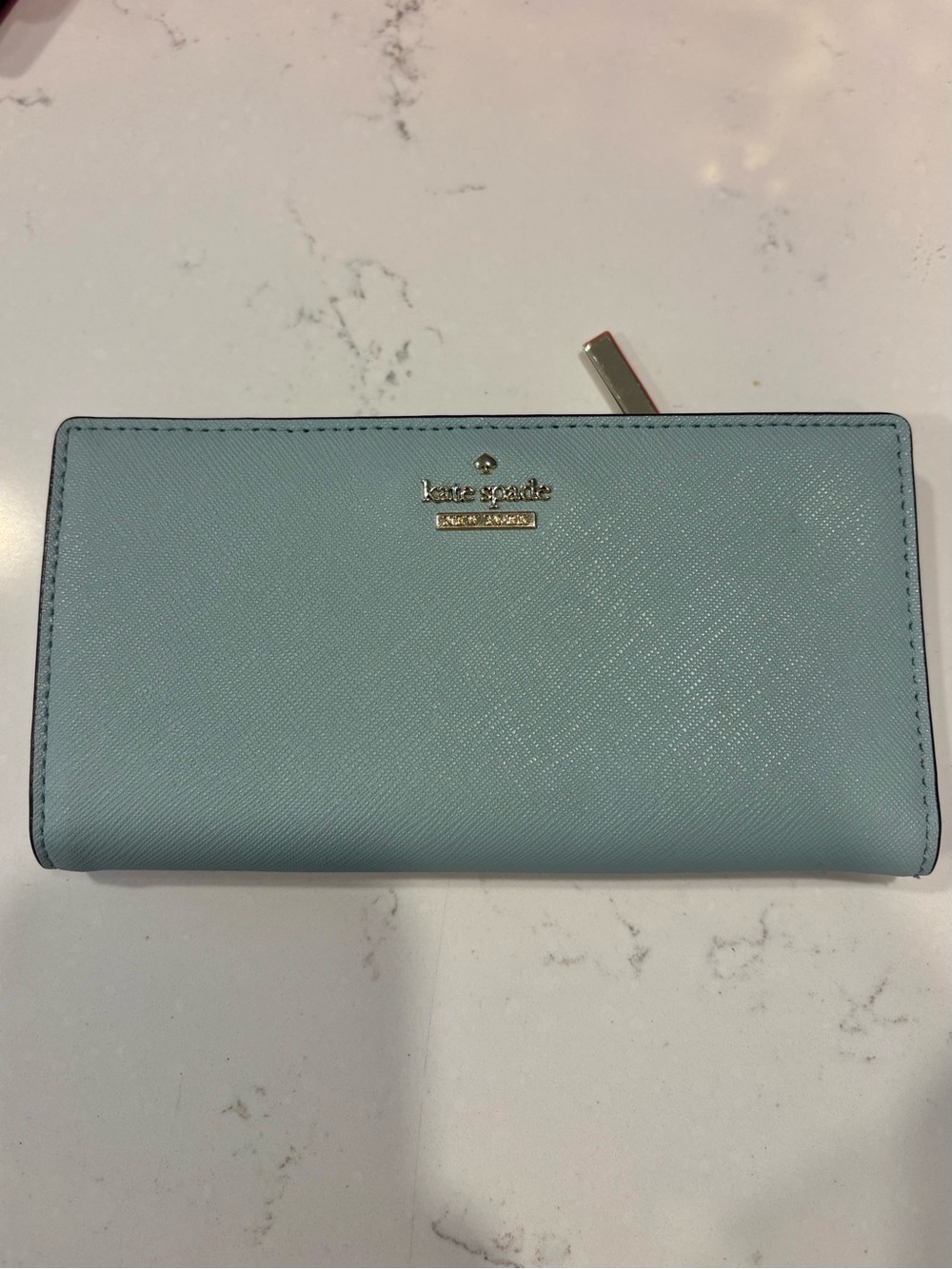 kate spade Sky Blue Saffiano Leather Continental Wallet with Gold Logo